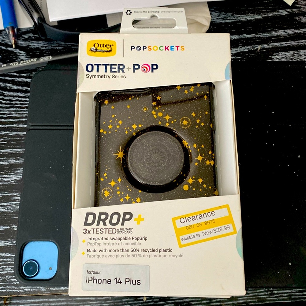 New OtterBox Apple iPhone 14 Plus Pop Symmetry  Series Case Black Stars Glitter
